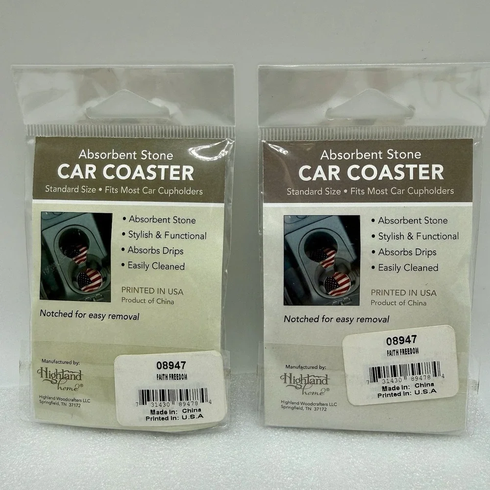 Highland Home Absorbent Stone Car Coasters Star & Stripes Heart Lot of 2